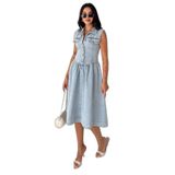 Kadın Kolsuz Kot Elbise Düğmeli Beli Oturan Midi Jean Elbise, mavi, s
