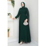Kadın Kolu Taşlı Astarlı Şifon Elbise -PMK419 - Yeşil - 42