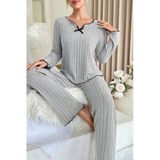 Kadın Kombin Şıklığı Gri Çizgili Uzun Kollu Fiyonk Detaylı Rahat Mevsimlik Pijama Takımı