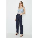 Kadın Kontrast Dikişli Kargo Cepli Yüksek Bel Wide Leg Denim Pantolon Blue Mavi 38