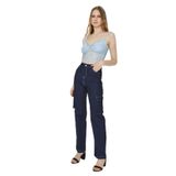 Kadın Kontrast Dikişli Kargo Cepli Yüksek Bel Wide Leg Denim Pantolon Blue Mavi 40