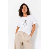 Kadın Kore Parmak Kalp Aşk Temalı Minimal Baskılı Tişört Yazlık Kısa Kol T-Shirt - Beyaz