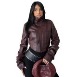 Kadın Korse Detaylı Dik Yaka Crop Deri Ceket, Büzgülü Kol Slim Fit Suni Deri Mont