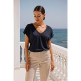 Kadın Koyu Lacivert Viskon Ön Arka V Yakalı T-Shirt Yarasa Kol Relaxed Bluz - M