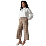 Kadın Krem Ekose Pantolon (Krem-Kahve, 3XL)