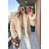Kadın Krem Premium Peluş Kışlık Suni Kürk Mont - 001-Krem - 38