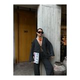 Kadın Krinkıl Kumaş Önden Bağlamalı Oversize Kimono Bluz 28172