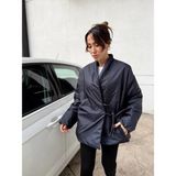 Kadın Kruvaze Kimono Bağlamalı Şişme Lacivert Ceket