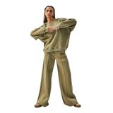 Kadın Küf Yeşili 3 İplik Penye Şardonlu Oversize Sweatshirt 28050