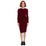 Kadın Kuşaklı Bodycon Triko Midi Elbise Bisiklet Yaka Uzun Standart Kollu Şık İlkbahar Sonbahar-Bordo-M
