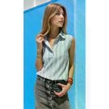 Kadın Lacivert Çizgili Fisto Kumaş, Patlı, Sıfır Kollu Yazlık Gömlek Bluz 7003422187