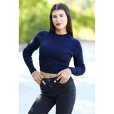 Kadın Lacivert Fitilli Crop Triko Kazak Kısa Model Akrilik Kumaş Ribanalı - 3122 - Standart