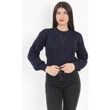 Kadın Lacivert Gofreli Crop Triko Kazak - 1556 - Standart