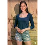 Kadın Lacivert Kare Yaka Uzun Kollu Basic Bluz 3166187