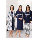 Kadın Lacivert Kareli Uzun Kollu Sabahlıklı Gecelik Pijama Takımı 4'lü Set, M, Effortt8086-19804IGP27168165