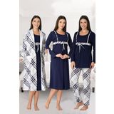 Kadın Lacivert Kareli Uzun Kollu Sabahlıklı Gecelik Pijama Takımı 4'lü Set, S, Effortt8086-19804IGP27168164
