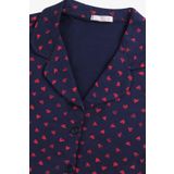 Kadın Lacivert Kırmızı Kalpli Desenli Pamuklu Düğmeli Pijama Takımı Çok Renkli M