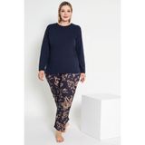 Kadın Lacivert Renkli Çiçek Desenli Uzun Kollu Pijama Takımı B-49 - 7XL - 09L-Lacivert