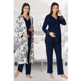 Kadın Lacivert Sabahlıklı Hamile Lohusa Pijama Takımı (Lacivert/S)