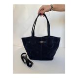 Kadın Lacivert Süet Deri Mıknatıs Kapamalı Kilit Detaylı El ve Omuz Çantası büyük geniş çanta Lacivert Standart