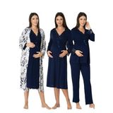Kadın Lacivert Uzun Kollu Pijama Takımı Gecelik Sabahlık Lohusa Hamile 4'lü Set, S, B8096EF-19804IGP264165