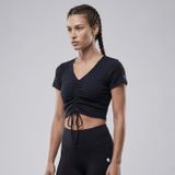 Kadın Lacivert V Yaka Önü İp Büzgülü Fitilli Crop Tişört - Kısa Kollu Ayarlanabilir İpli Esnek Basic Kadın Crop Top T-Shirt | Spor, Yoga, Fitness, Antrenman ve Günlük Giyim İçin Yazlık Bluz (S)