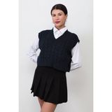 Kadın Lacivert V Yaka Saç Örgü Desenli Crop Triko Süveter - 4007 - Standart