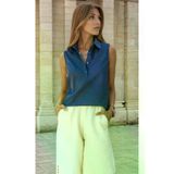 Kadın Lacivert Yarım Düğmeli, Sıfır Kollu, Arkası Uzun Dar Kesim Keten Gömlek Bluz Ss22-7158200