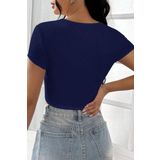 Kadın Lacivert Yarım Kol Düz Yaka Crop Top Bluz