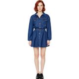 Kadın Lacivert%100 Pamuk Uzun Kollu Gömlek Yaka Lastikli Belli Skater Mini Denim Elbise Kaliteli-Lacivert-34
