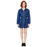 Kadın Lacivert%100 Pamuk Uzun Kollu Gömlek Yaka Lastikli Belli Skater Mini Denim Elbise Kaliteli-Lacivert-40