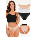 Kadın Lazer Kesim Dantelli Slip Külot 3'lü Paket Set - KTS3101 - Siyah
