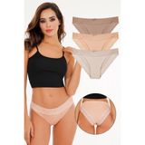 Kadın Lazer Kesim Dantelli Slip Külot 3'lü Paket Set - KTS3101 - XL - Ten