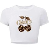 Kadın Leopar Cherry Crop T-Shirt (Beyaz) - Siyah - M