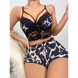 Kadın Leopar Dantel Detaylı Şortlu Gecelik Pijama Takımı 5055 - L-XL - SİYAH