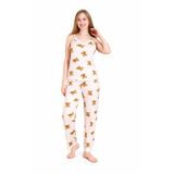 Kadın Leopar Desen Dantelli İp Askılı Örme Yazlık Pijama Takımı (Ekru, L)
