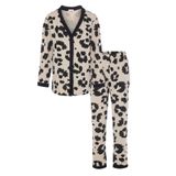 Kadın Leopar Desenli Bant Detaylı Düğmeli Pijama Takımı Çok Renkli L