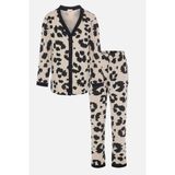 Kadın Leopar Desenli Bant Detaylı Düğmeli Pijama Takımı - Çok Renkli
