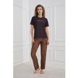 Kadın Leopar Desenli Bisiklet Yaka Pijama Takım | Siyah 30102-1287