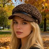 Kadın Leopar Desenli Denizci Şapkası Newsboy Kasket Baker Boy Şapka Vintage Retro Sonbahar Kış Şapkası