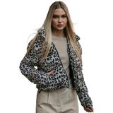 Kadın Leopar Desenli Dik Yaka Astarlı Şişme Mont (Leopar, M)