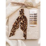 Kadın Leopar Desenli Fularlı Saten Scrunchie Toka ve 6'lı Kemik Pens Klips Toka Seti Saç Aksesuarı
