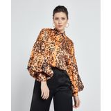 Kadın Leopar Desenli Gömlek - Balon Kol - Saten - Modern ve Şık Tasarım - Günlük ve Özel Gün Kullanımı için Gömlek, Orange, 38