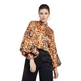 Kadın Leopar Desenli Gömlek - Balon Kol - Saten - Modern ve Şık Tasarım - Günlük ve Özel Gün Kullanımı için Gömlek, Orange, 44