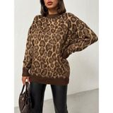 Kadın Leopar Desenli Oversize Kazak - Kahverengi - S - M