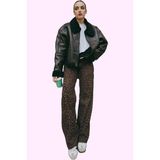 Kadın Leopar Desenli Pamuk Jean Pantolon Yüksek Bel Wide Leg Casual Tarz Dayanıklı Malzeme