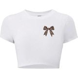 Kadın Leopar Kurdele Crop T-Shirt Beyaz - M