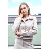 Kadın Likralı Kaşe Kumaş Yakalı Cep Kapaklı Uzun Kol Düğmeli Kısa Blazer Ceket Kaban-Şampanya