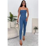 Kadın Likralı Straplez Denim Tulum