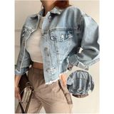 Kadın Lokadi Buz Mavi Lazerli Denim Ceket Uzun Kol Oversize Düğmeli Günlük Kullanım İçin - XL